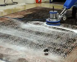 Professional rug cleaning with a rotary floor machine and shampoo foam, deep-cleaning an area rug, in Orlando, FL.